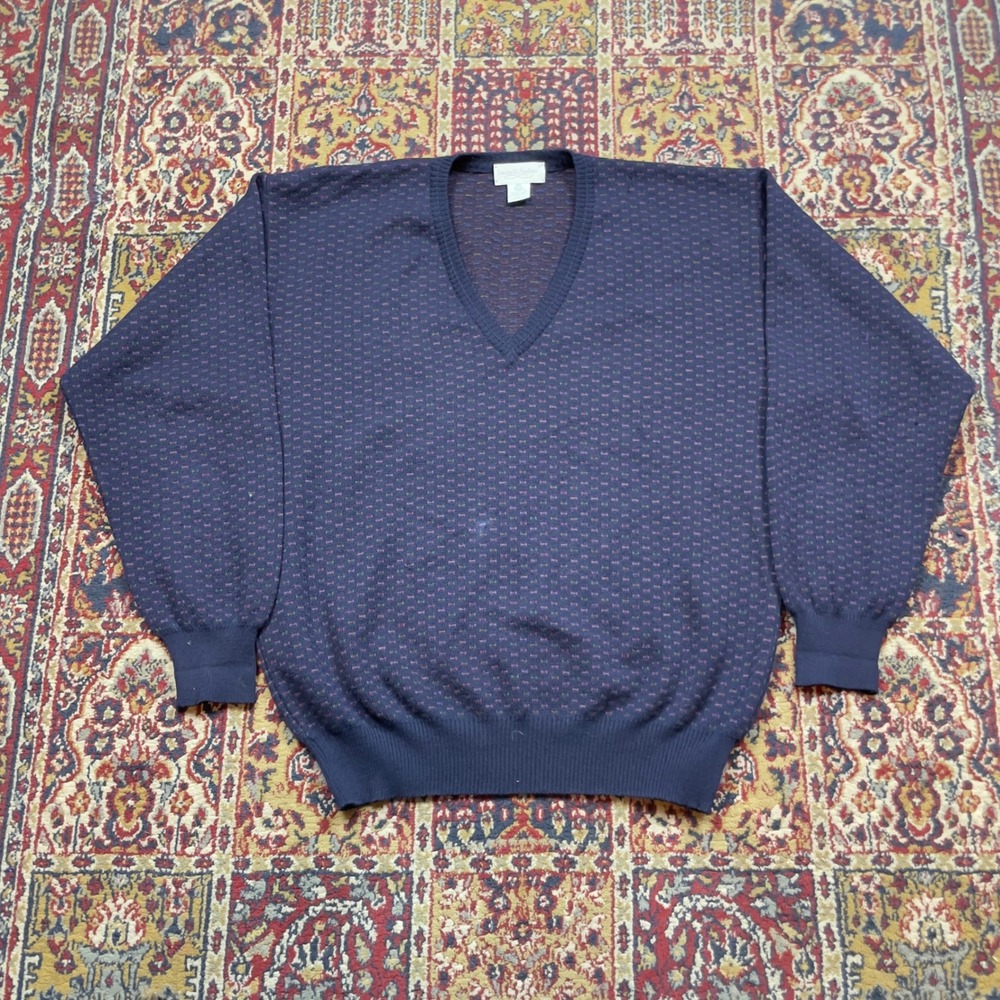 VTG 80s 90s Tricots St Raphael Navy Merino Wool Birdseye Sweater Multicolor L